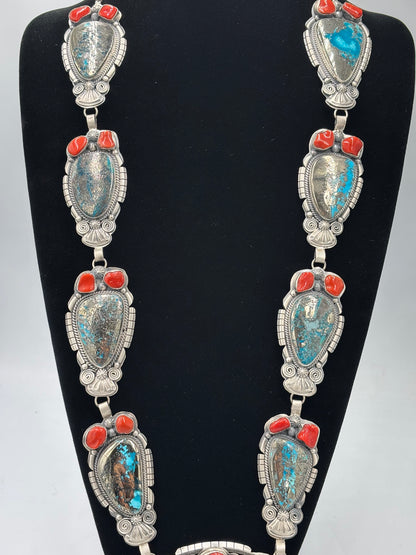 Persian & Coral Heirloom Statement Squash Blossom & Cuff Set by Gabriel Jurado