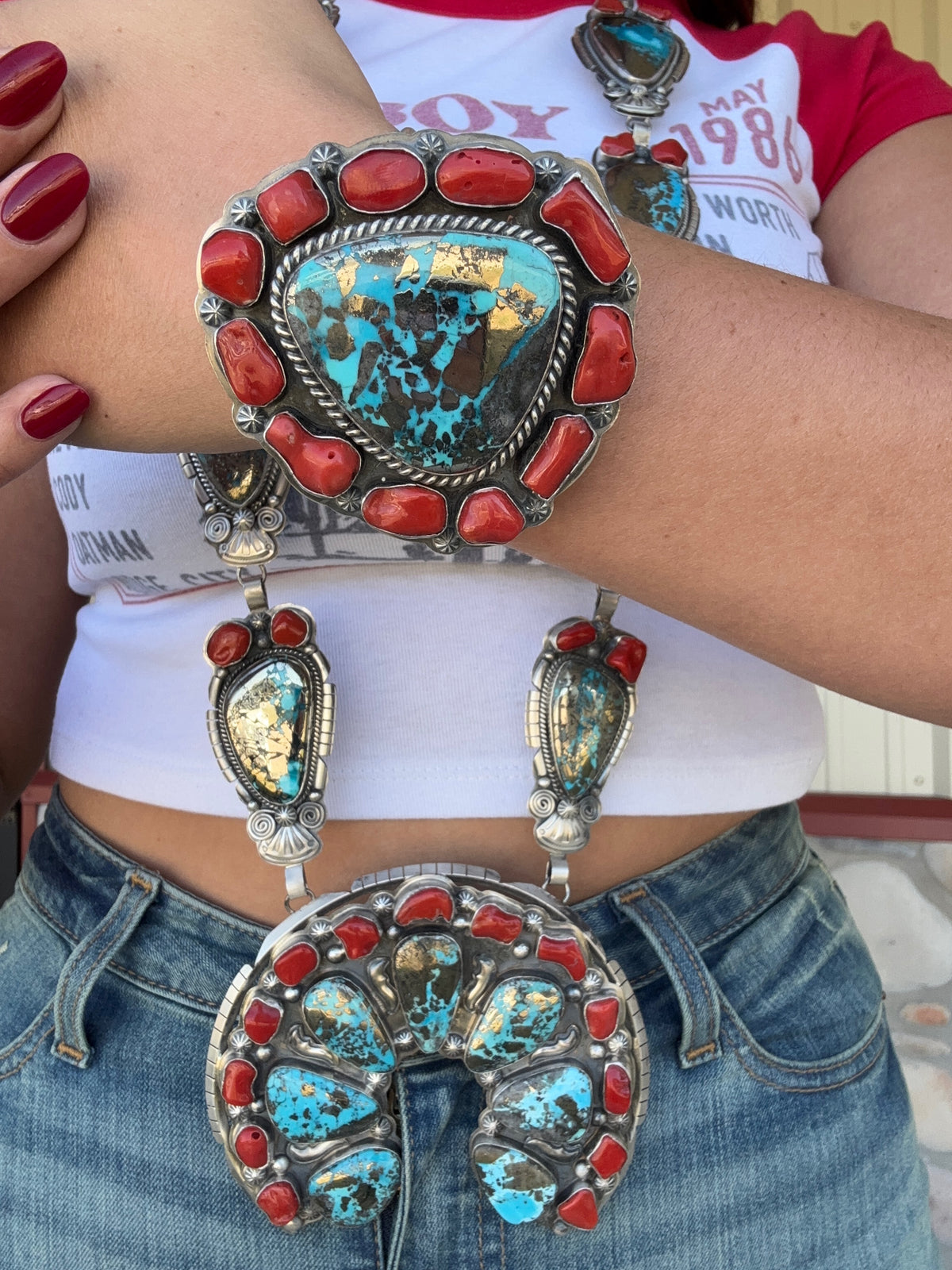 Persian & Coral Heirloom Statement Squash Blossom & Cuff Set by Gabriel Jurado