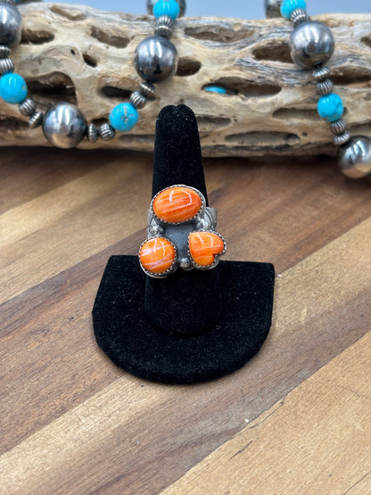Orange Spiny #922-21 Size 8.5 Ring Heart Cluster by J Piaso Jr, Navajo