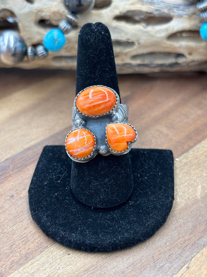 Orange Spiny #922-21 Size 8.5 Ring Heart Cluster by J Piaso Jr, Navajo