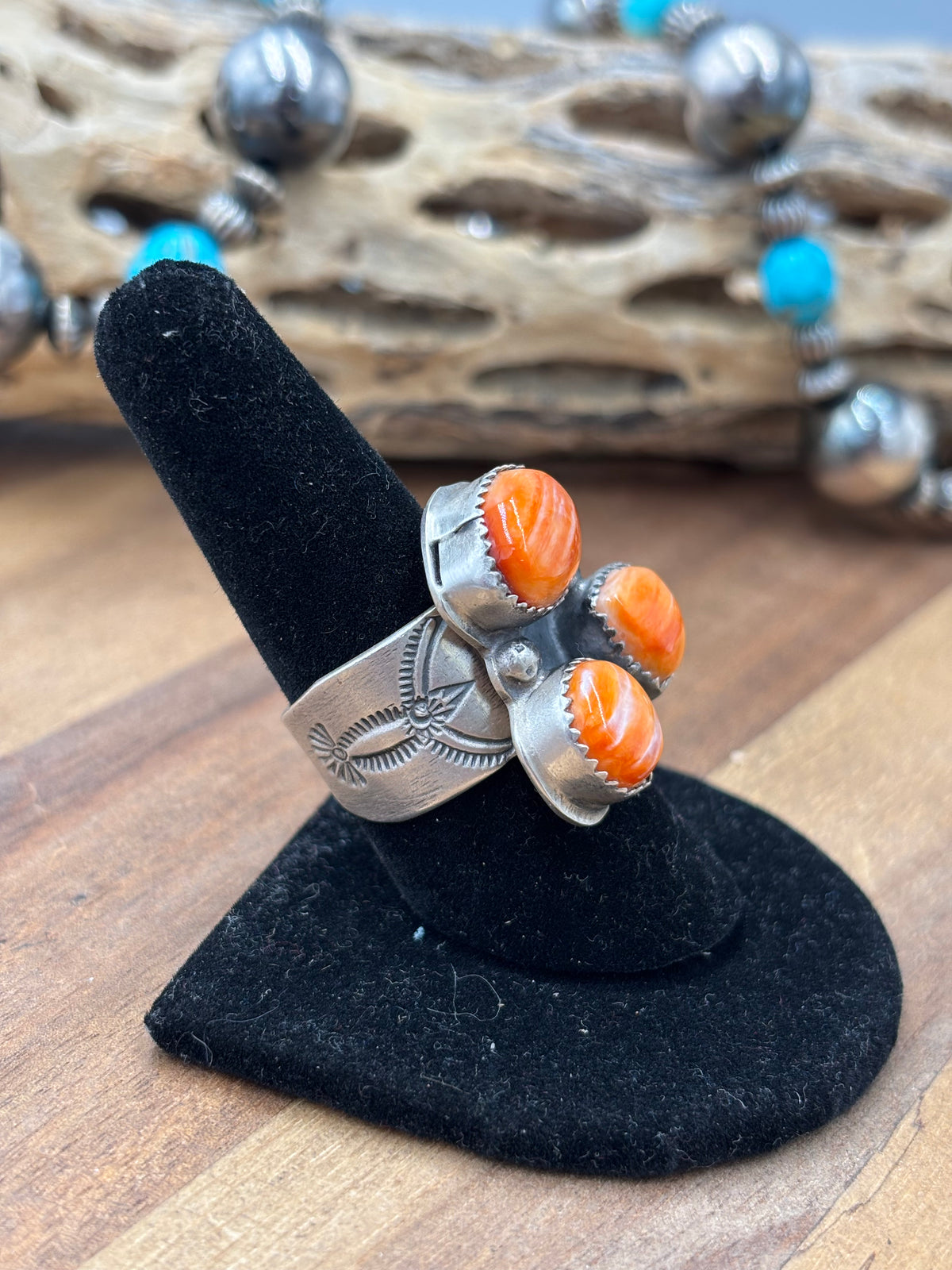 Orange Spiny #922-21 Size 8.5 Ring Heart Cluster by J Piaso Jr, Navajo