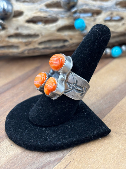 Orange Spiny #922-21 Size 8.5 Ring Heart Cluster by J Piaso Jr, Navajo