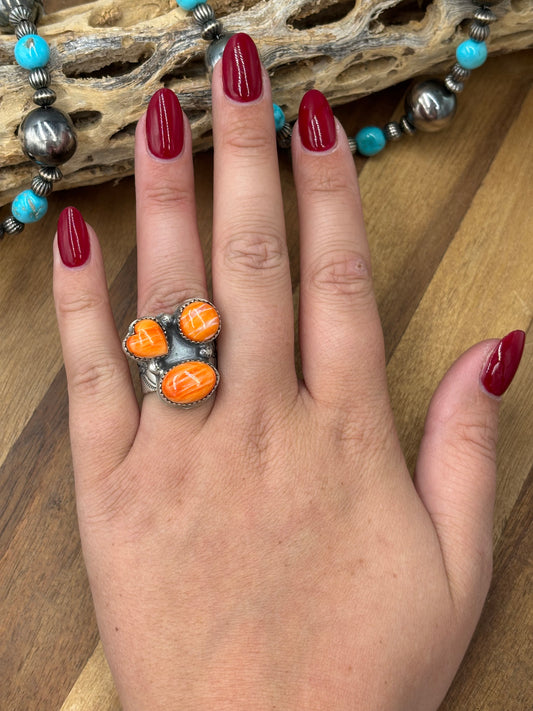 Orange Spiny #922-21 Size 8.5 Ring Heart Cluster by J Piaso Jr, Navajo