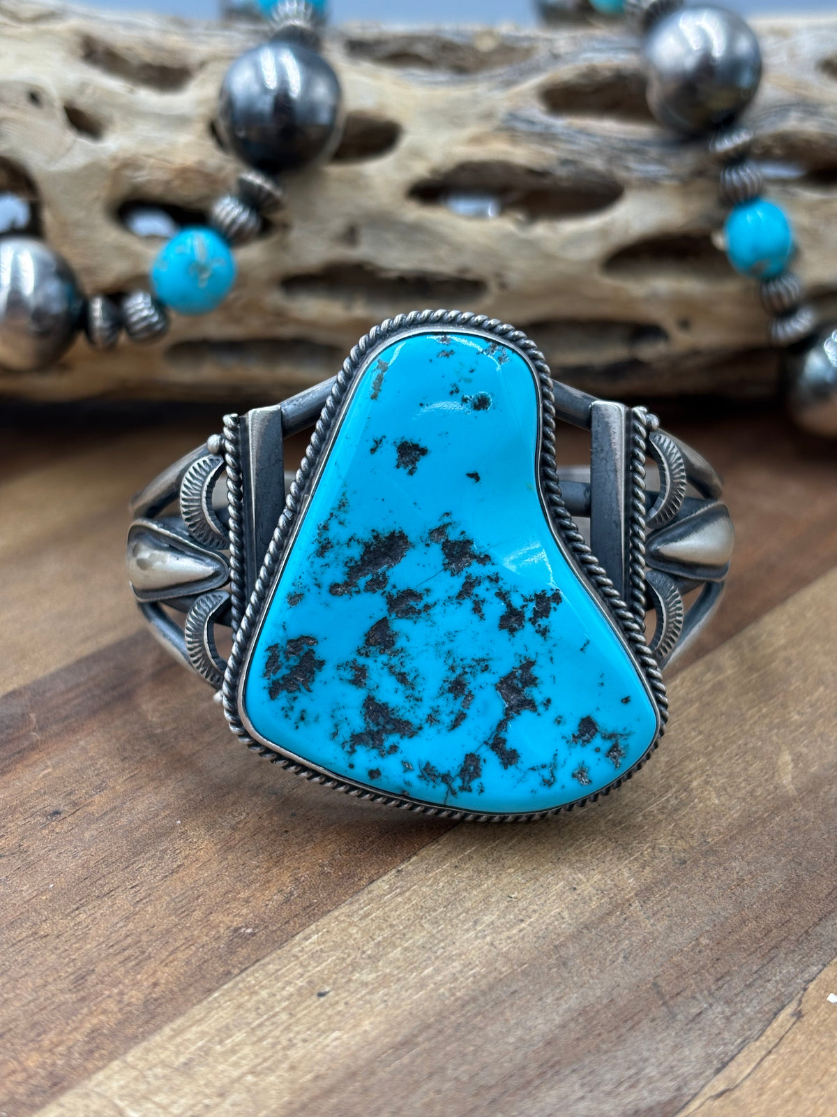 Sleeping Beauty #922-23 Turquoise Squash Blossom Necklace, Cuff, & Earrings Set by Derrick, Navajo
