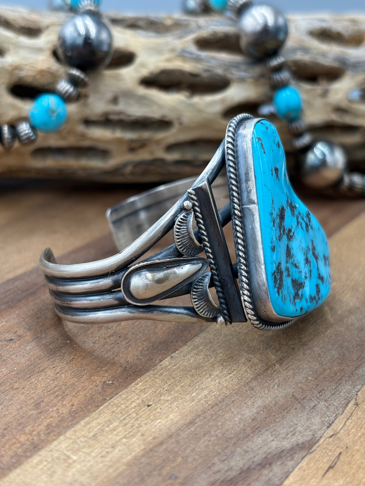 Sleeping Beauty #922-23 Turquoise Squash Blossom Necklace, Cuff, & Earrings Set by Derrick, Navajo