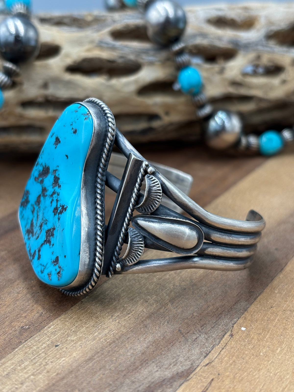 Sleeping Beauty #922-23 Turquoise Squash Blossom Necklace, Cuff, & Earrings Set by Derrick, Navajo