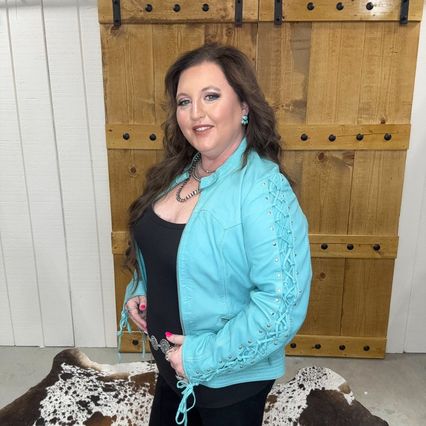 Scully Turquoise Lace Up Leather Jacket