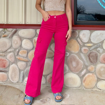 The Pink Pony Fuchsia High Rise Wide Leg Cargo Pant