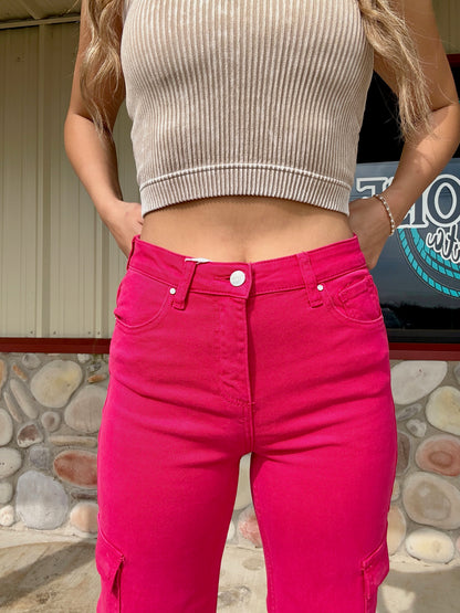 The Pink Pony Fuchsia High Rise Wide Leg Cargo Pant