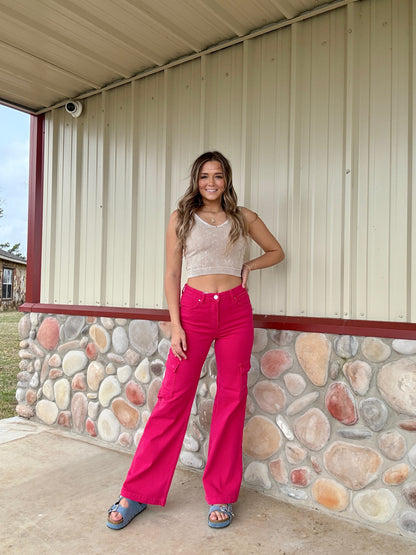 The Pink Pony Fuchsia High Rise Wide Leg Cargo Pant