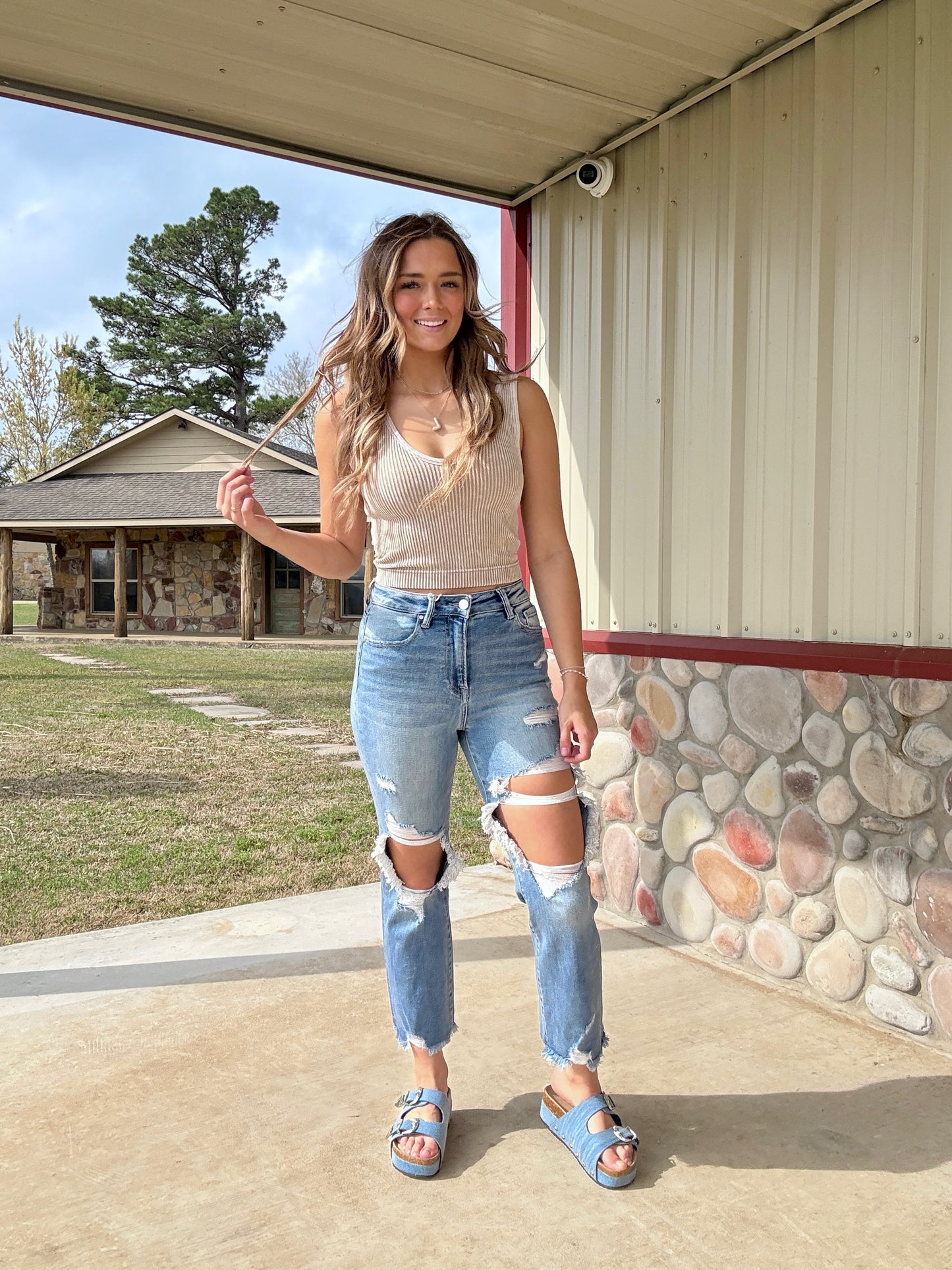 The Emory High Rise Crop Fit Straight Medium Wash Distressed Jeans