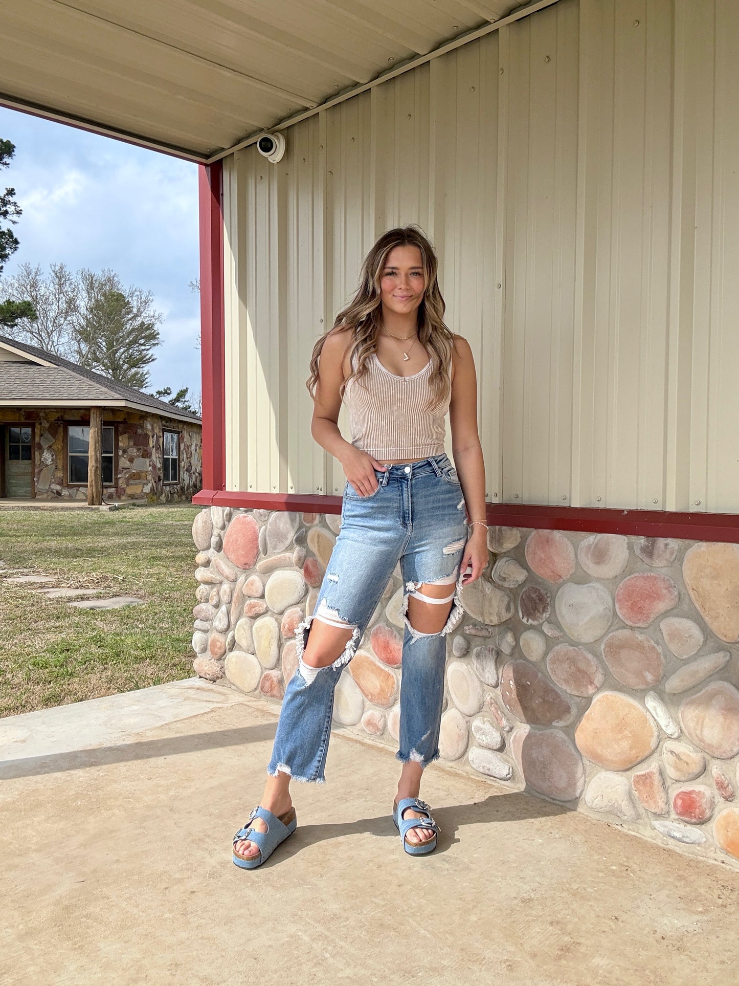 The Emory High Rise Crop Fit Straight Medium Wash Distressed Jeans