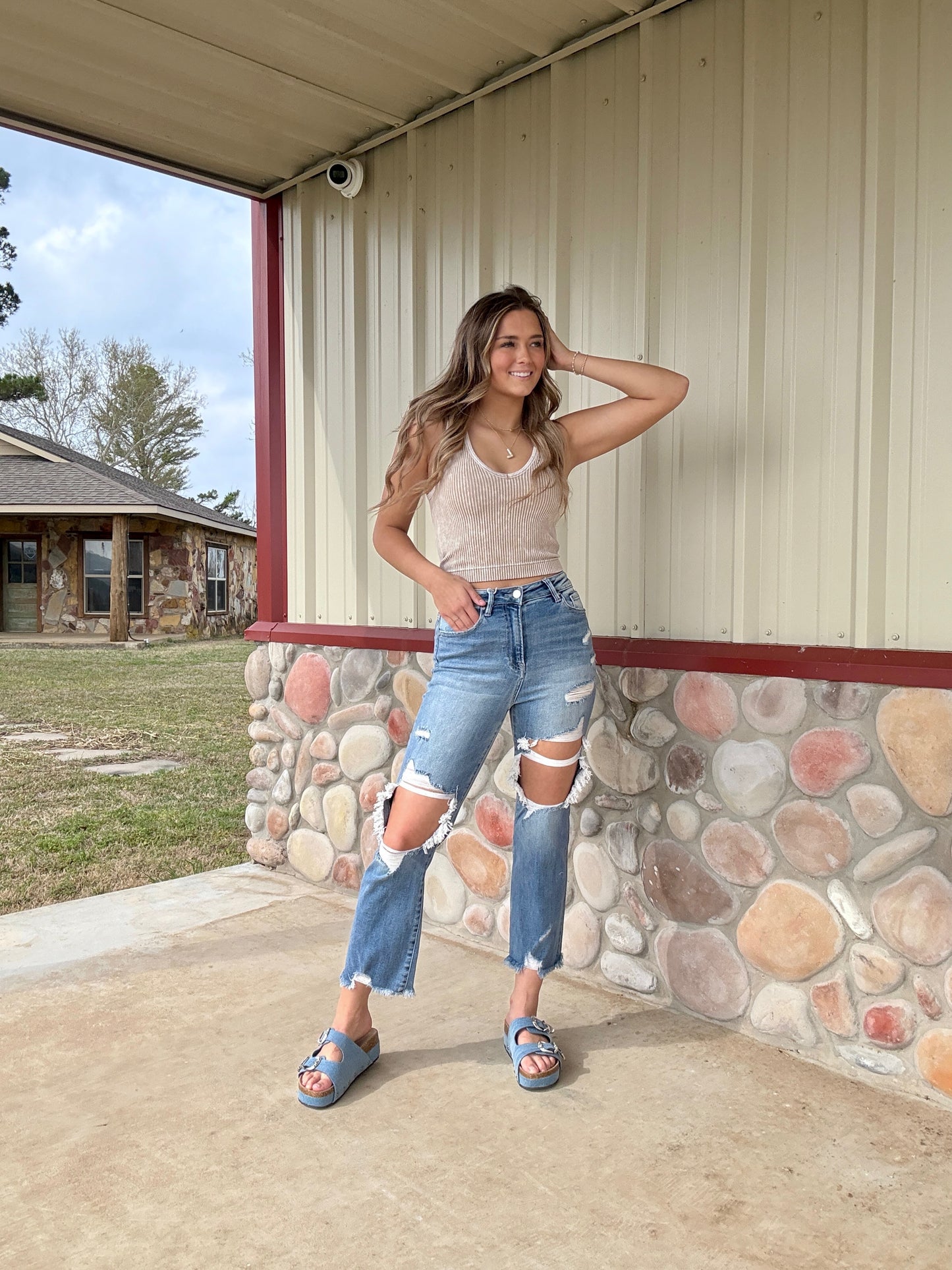 The Emory High Rise Crop Fit Straight Medium Wash Distressed Jeans