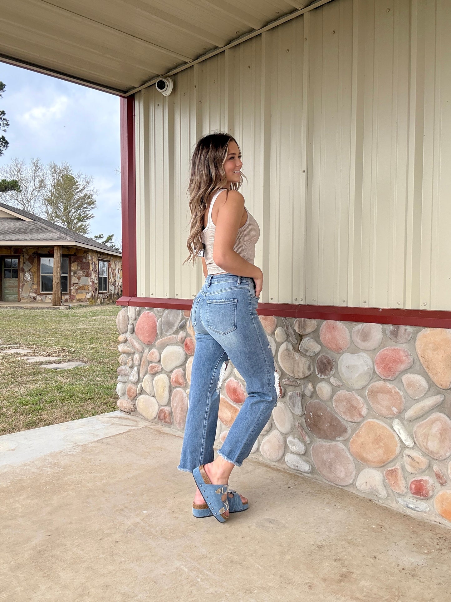 The Emory High Rise Crop Fit Straight Medium Wash Distressed Jeans