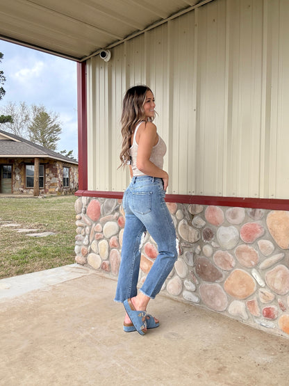 The Emory High Rise Crop Fit Straight Medium Wash Distressed Jeans