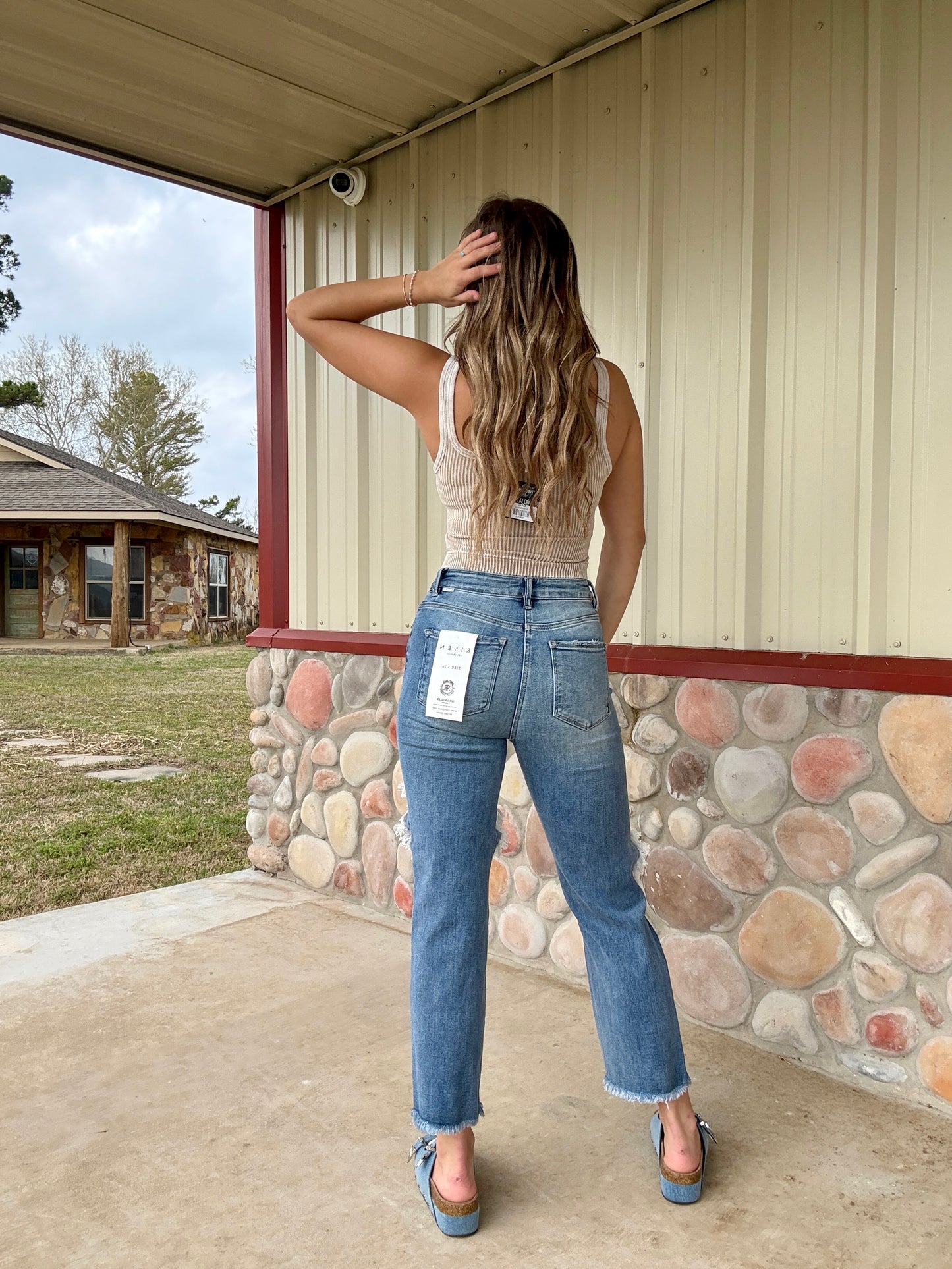 The Emory High Rise Crop Fit Straight Medium Wash Distressed Jeans