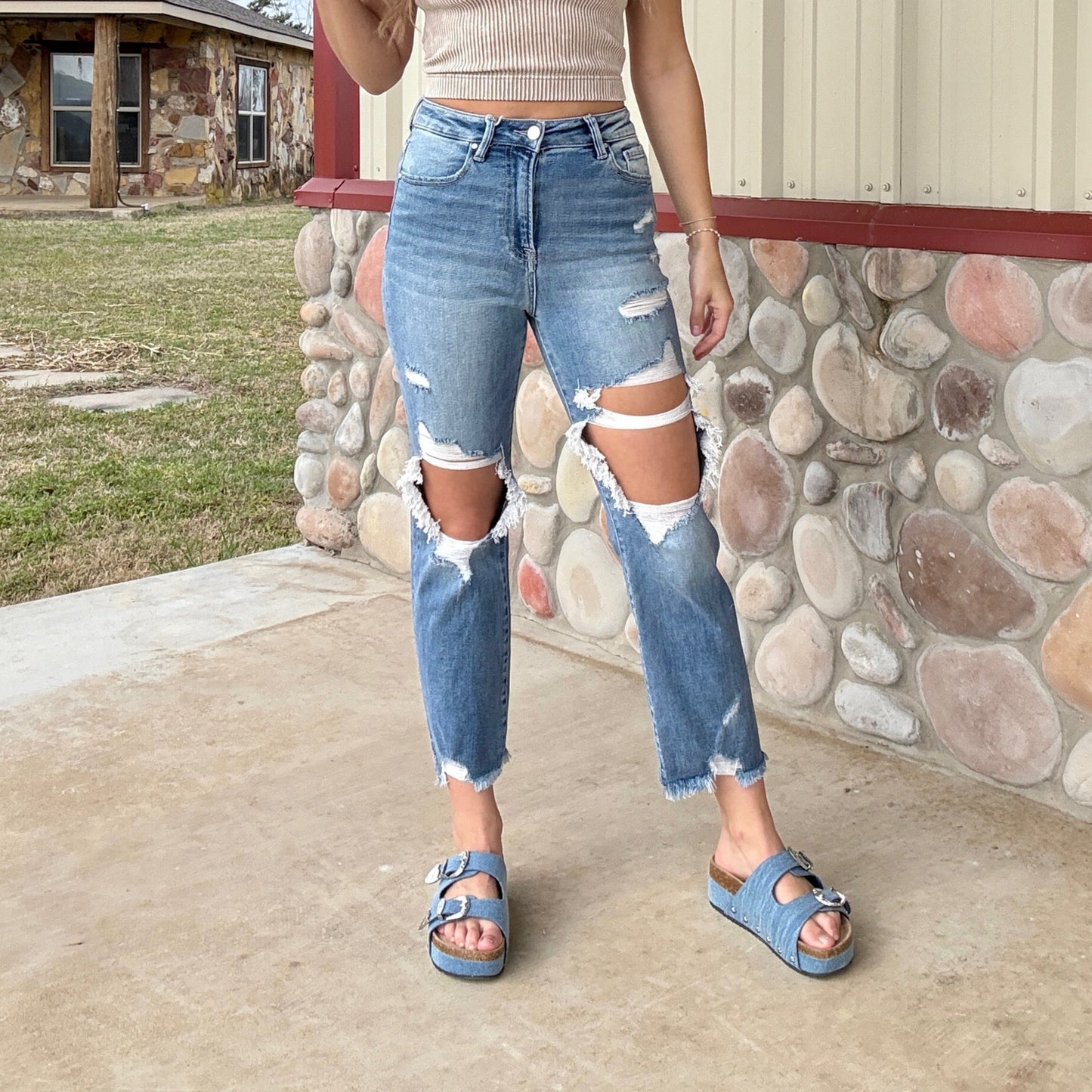 The Emory High Rise Crop Fit Straight Medium Wash Distressed Jeans