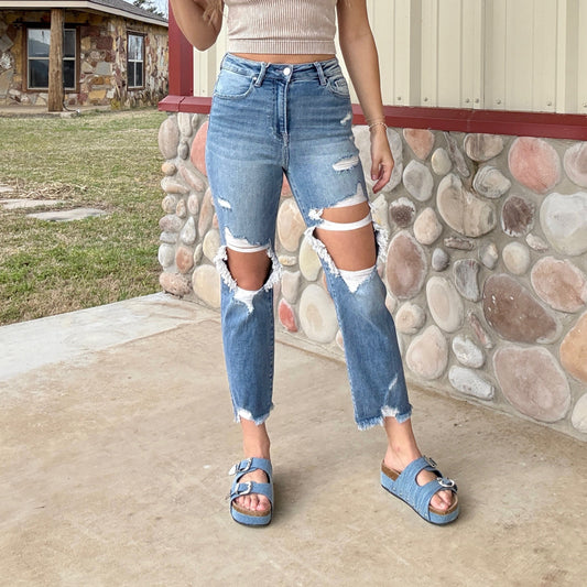 The Emory High Rise Crop Fit Straight Medium Wash Distressed Jeans