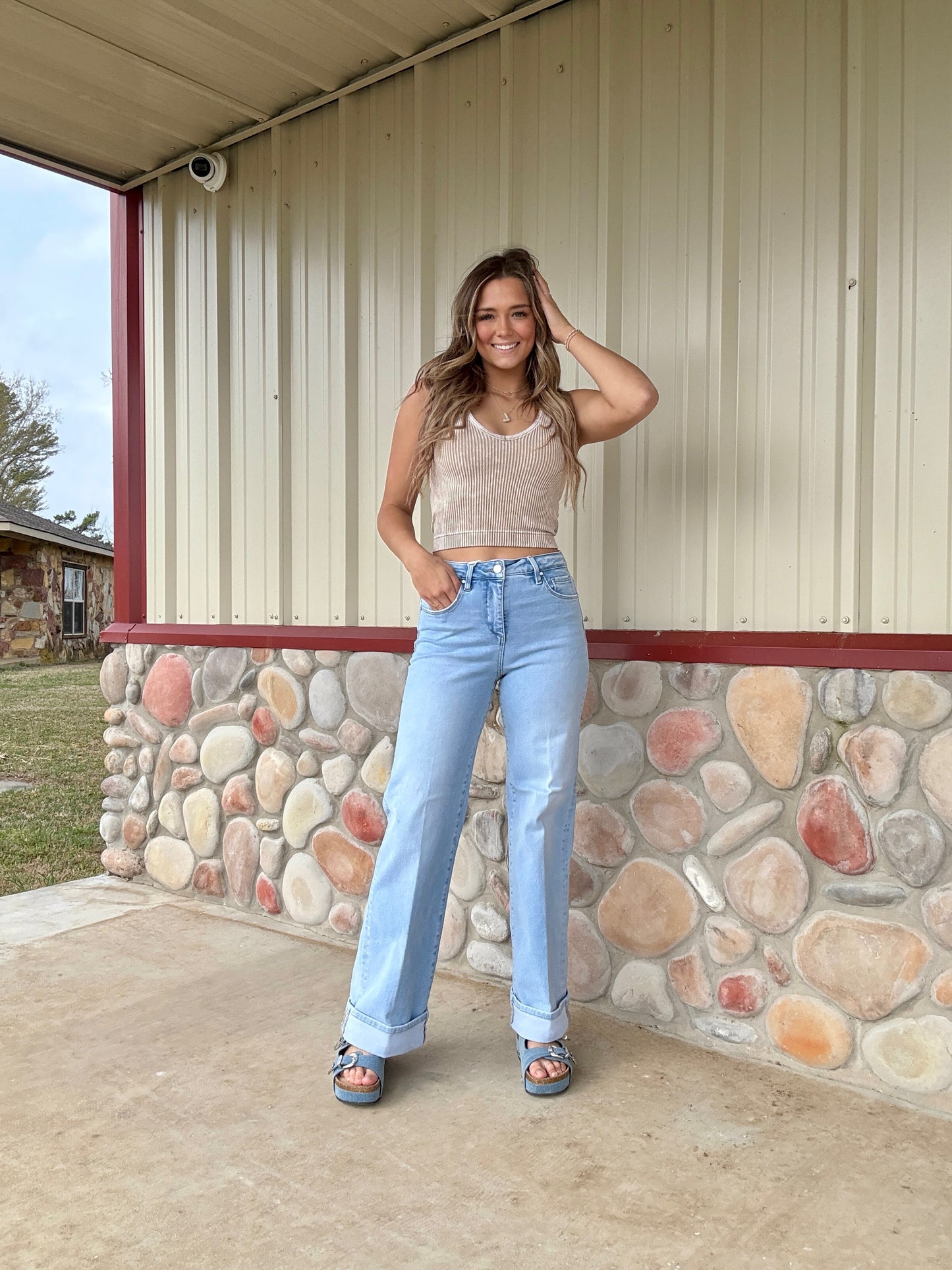The CoCo High Rise Long Inseam Wide Leg Cuffed Light Wash Jean