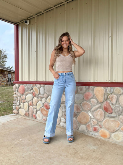 The CoCo High Rise Long Inseam Wide Leg Cuffed Light Wash Jean