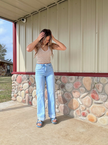The CoCo High Rise Long Inseam Wide Leg Cuffed Light Wash Jean