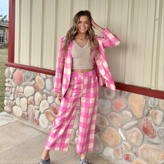 The Rosie Pink Gingham Pant & Blazer Set