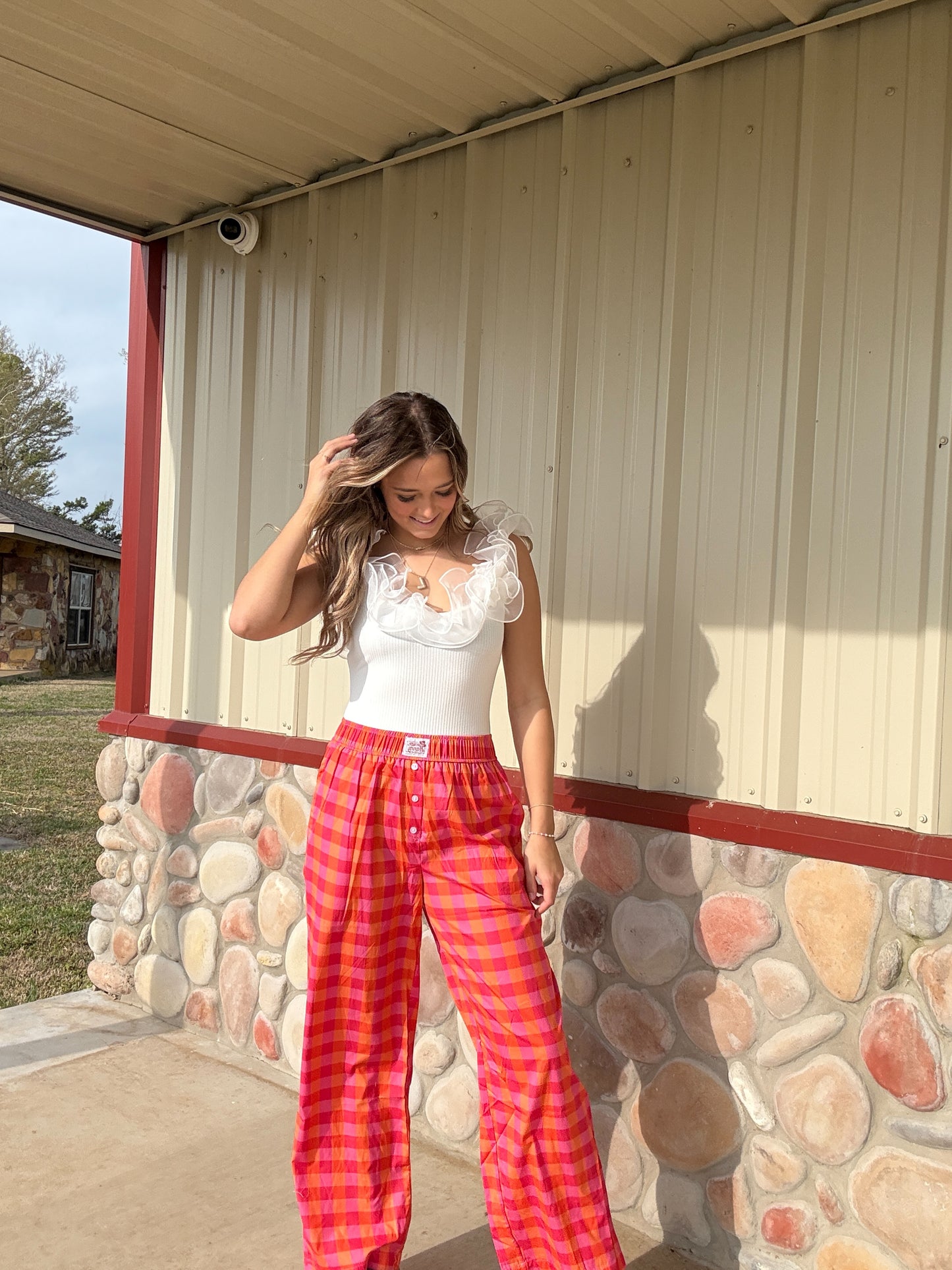 The Hannah Hot Pink & Orange Plaid Pants