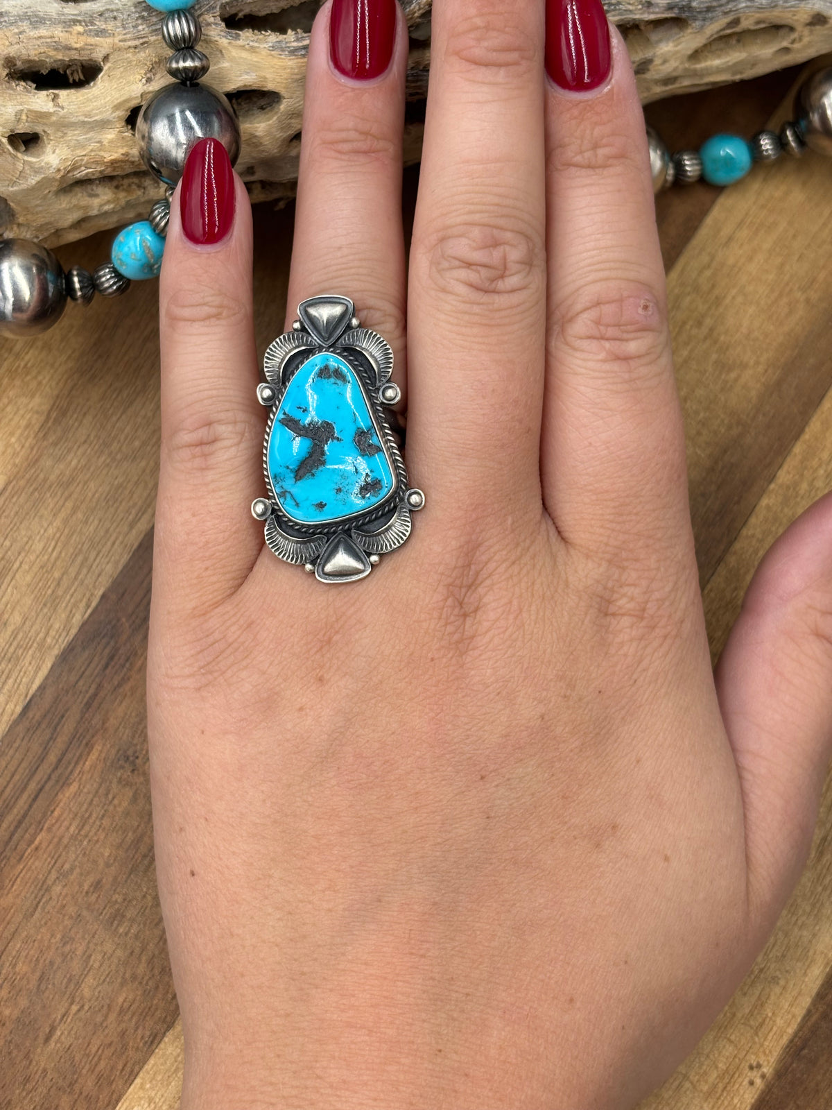 Sleeping Beauty #922-23 Turquoise Squash Blossom Necklace, Cuff, & Earrings Set by Derrick, Navajo