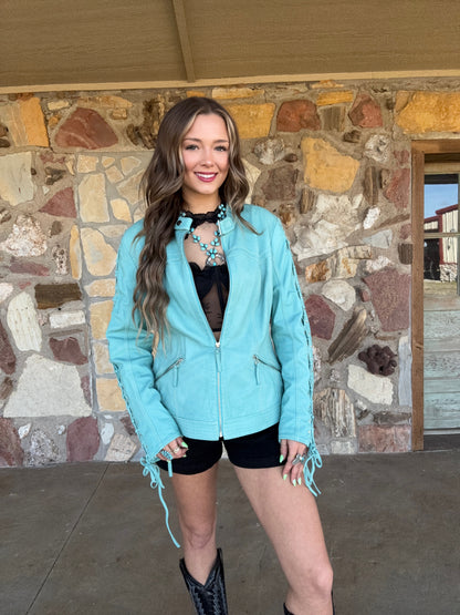Scully Turquoise Lace Up Leather Jacket
