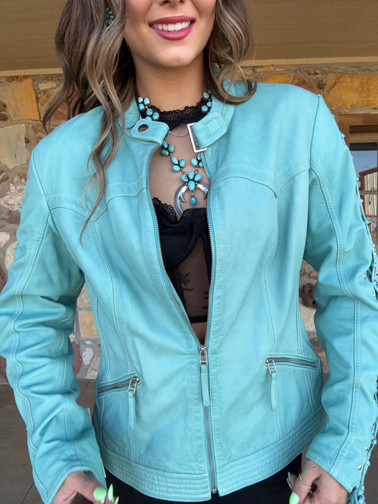 Scully Turquoise Lace Up Leather Jacket
