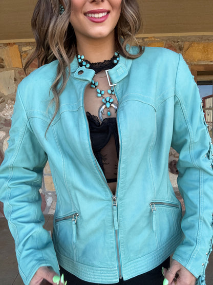 Scully Turquoise Lace Up Leather Jacket