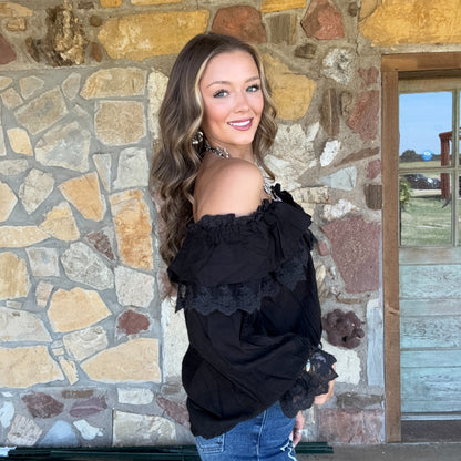 Selina Lace Neck Blouse: Black