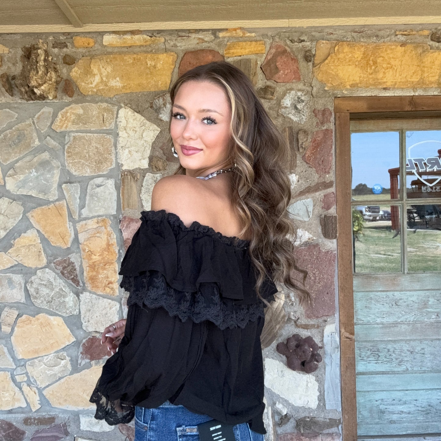Selina Lace Neck Blouse: Black
