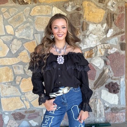 Selina Lace Neck Blouse: Black