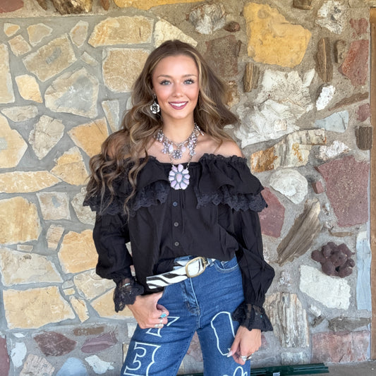 Selina Lace Neck Blouse: Black