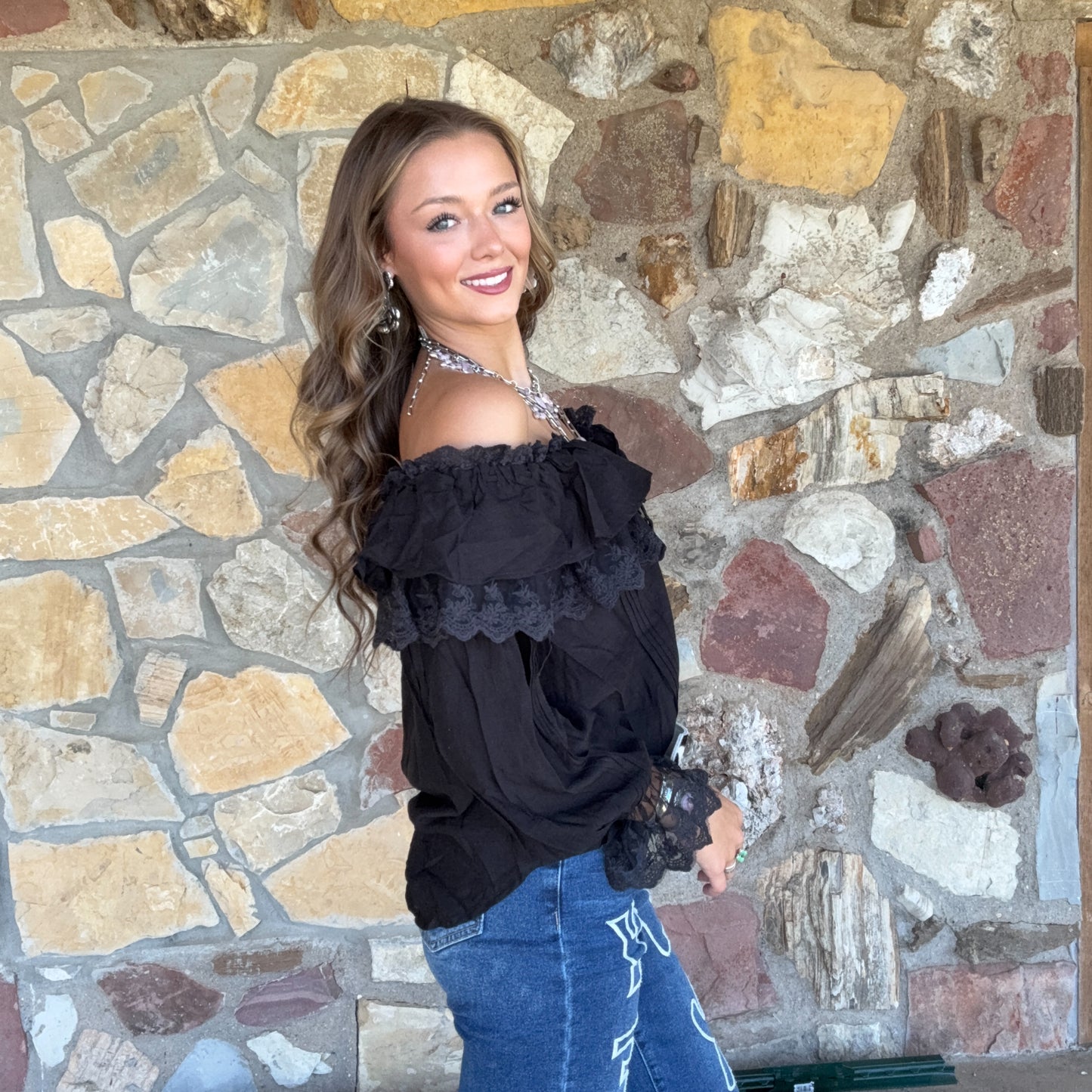 Selina Lace Neck Blouse: Black