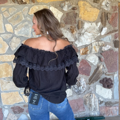 Selina Lace Neck Blouse: Black