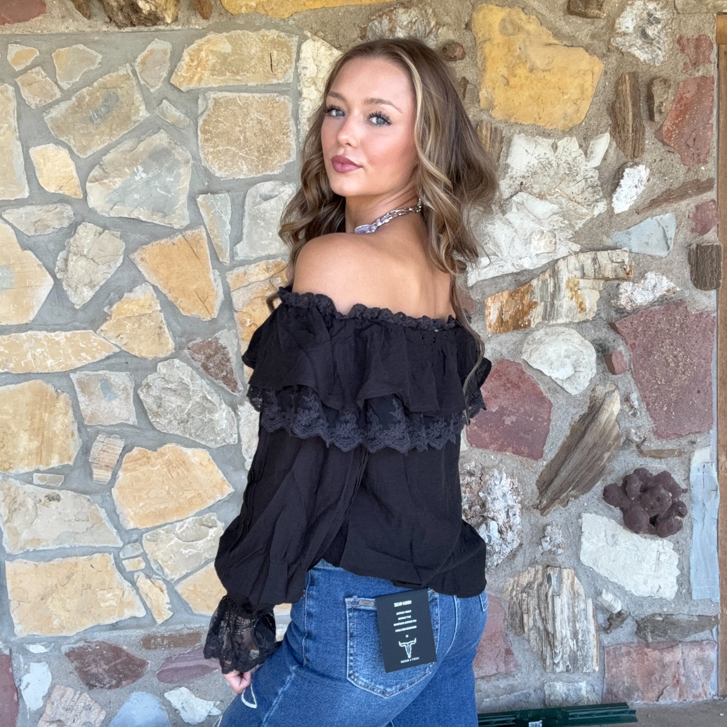 Selina Lace Neck Blouse: Black