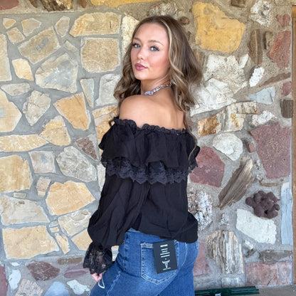 Selina Lace Neck Blouse: Black
