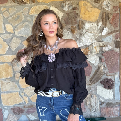 Selina Lace Neck Blouse: Black