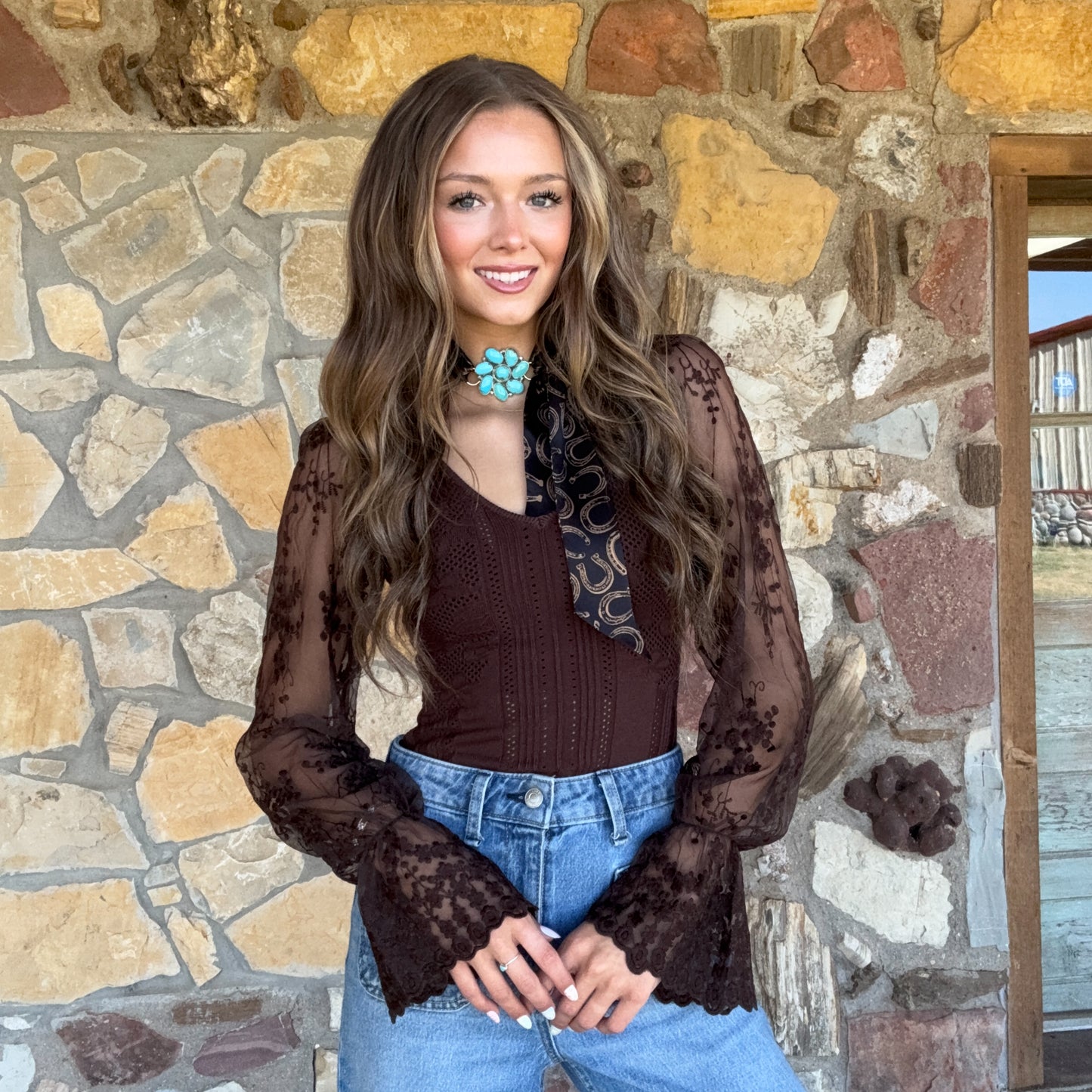 The Evie Lace Bubble-Sleeve Bodysuit: Chocolate
