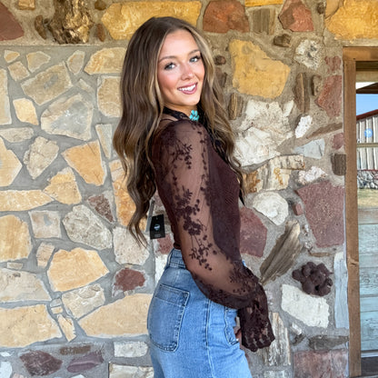 The Evie Lace Bubble-Sleeve Bodysuit: Chocolate