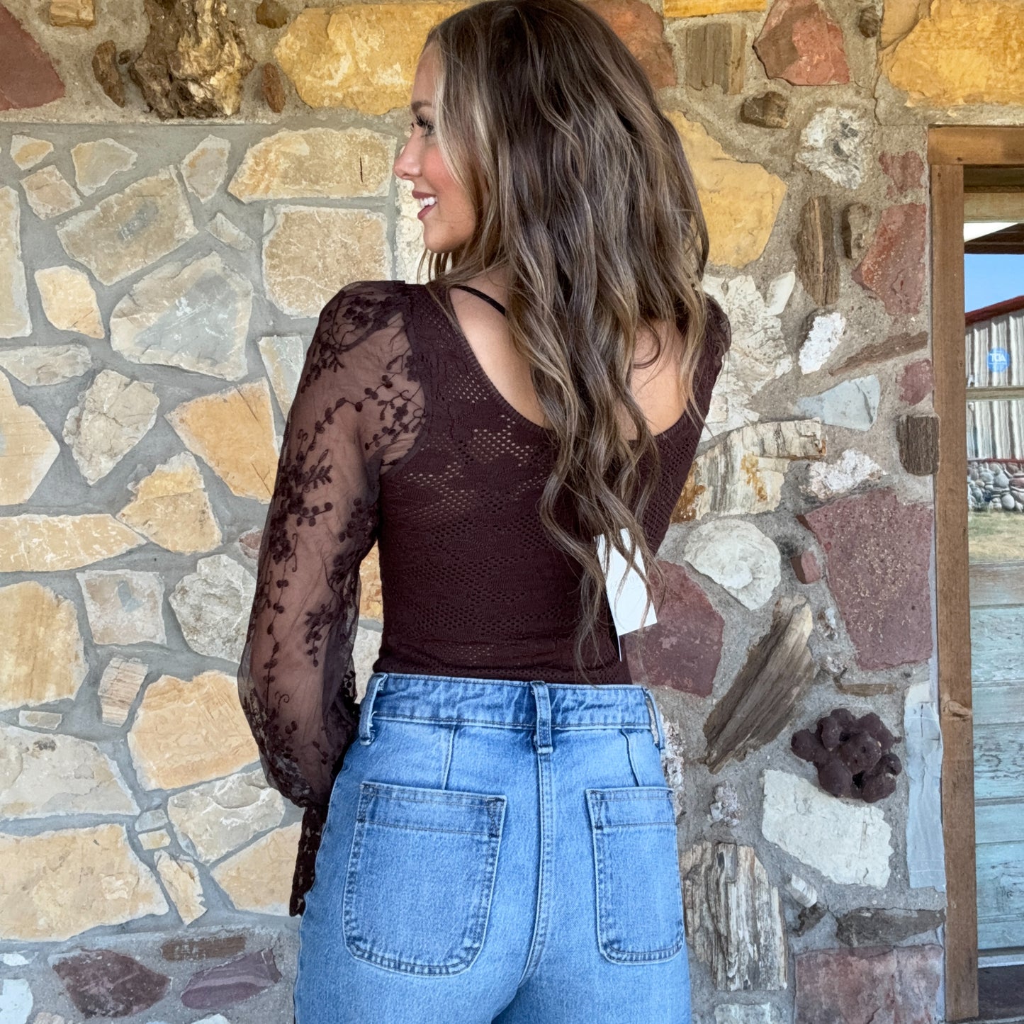 The Evie Lace Bubble-Sleeve Bodysuit: Chocolate