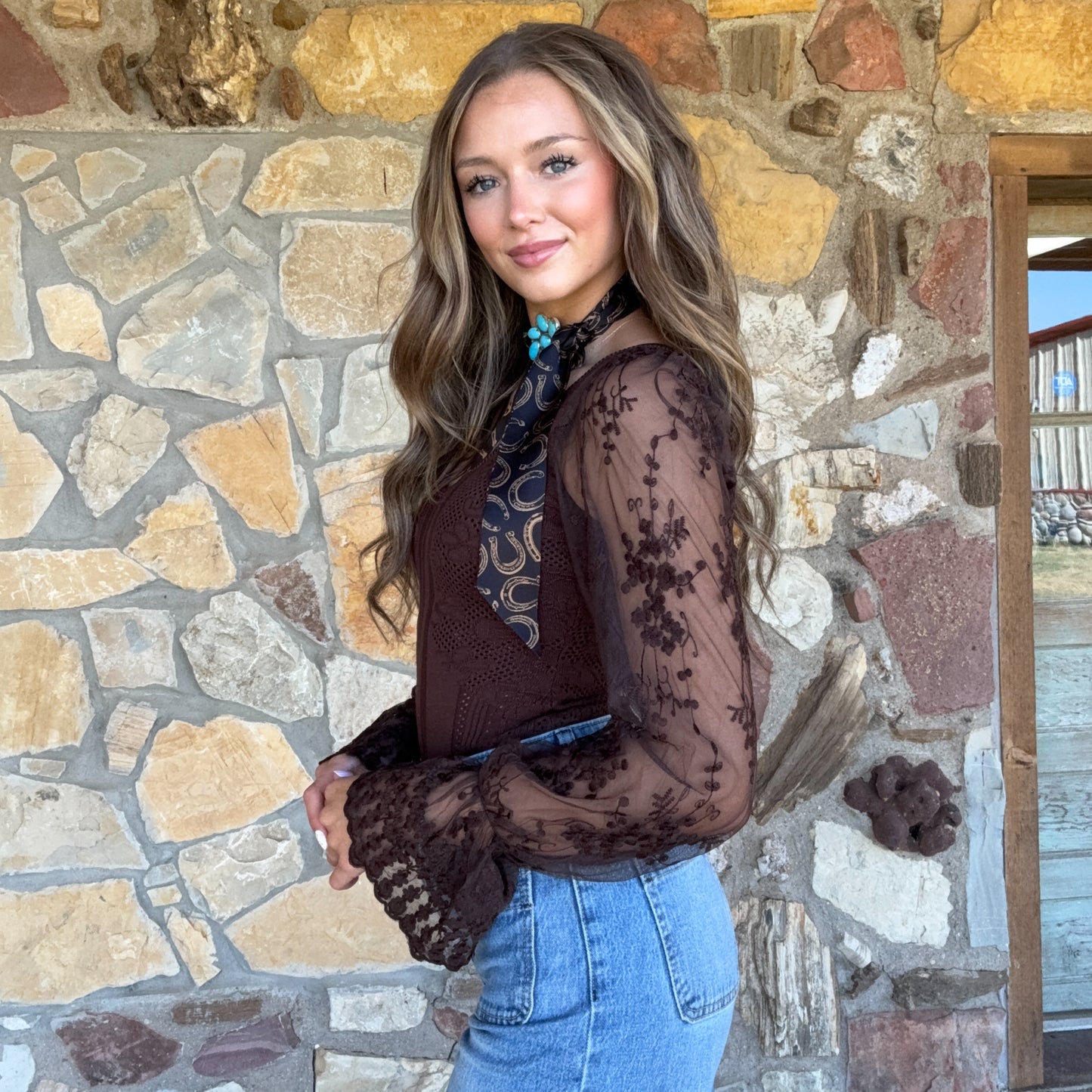 The Evie Lace Bubble-Sleeve Bodysuit: Chocolate
