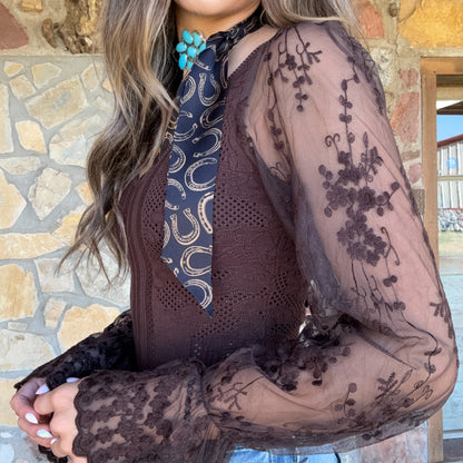 The Evie Lace Bubble-Sleeve Bodysuit: Chocolate