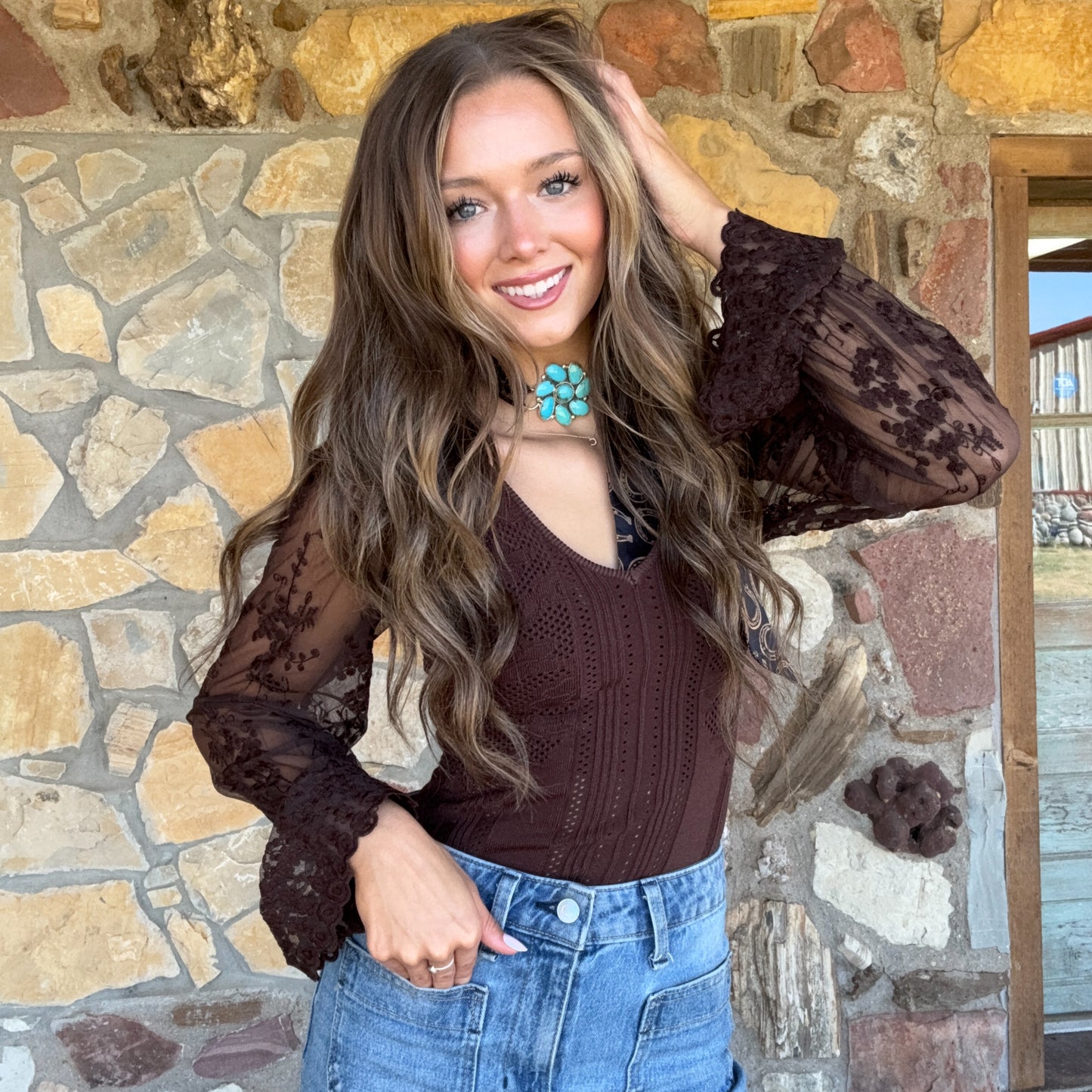 The Evie Lace Bubble-Sleeve Bodysuit: Chocolate