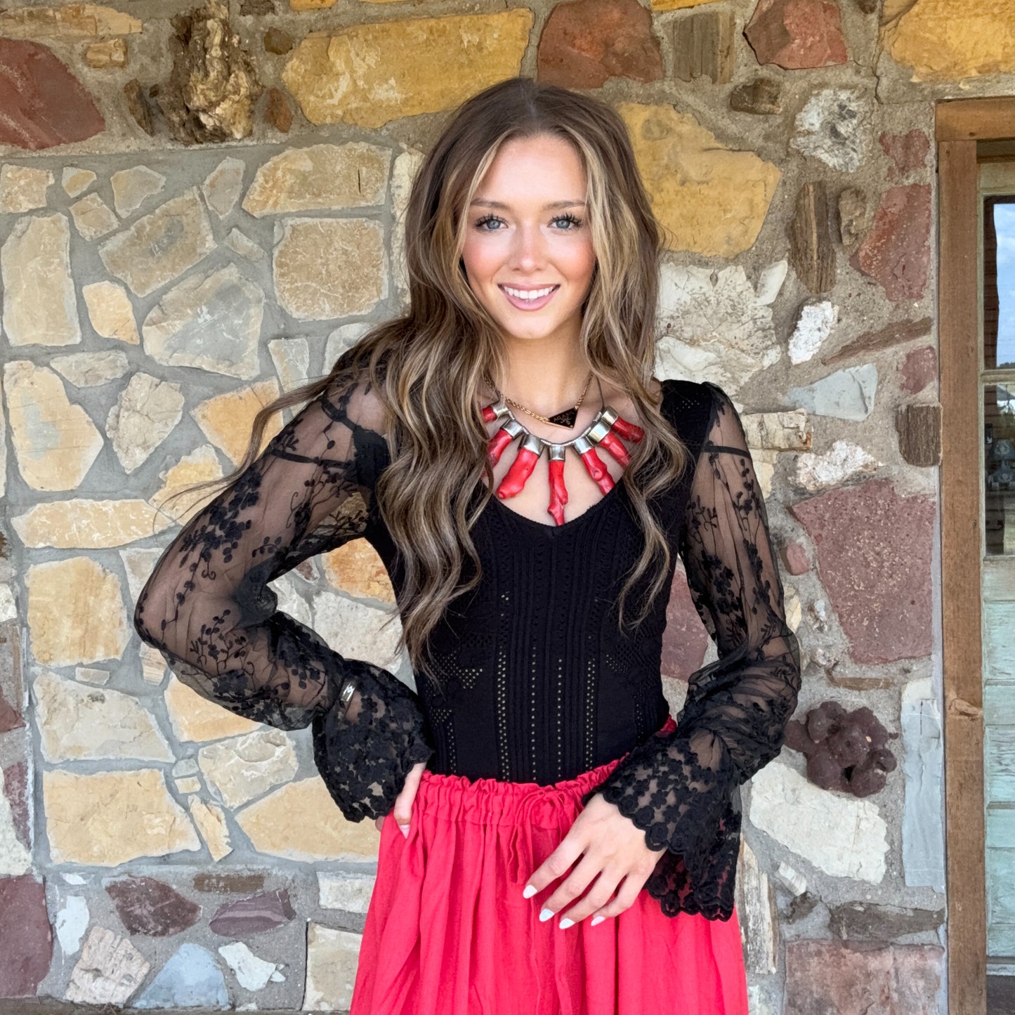 The Evie Lace Bubble-Sleeve Bodysuit: Black