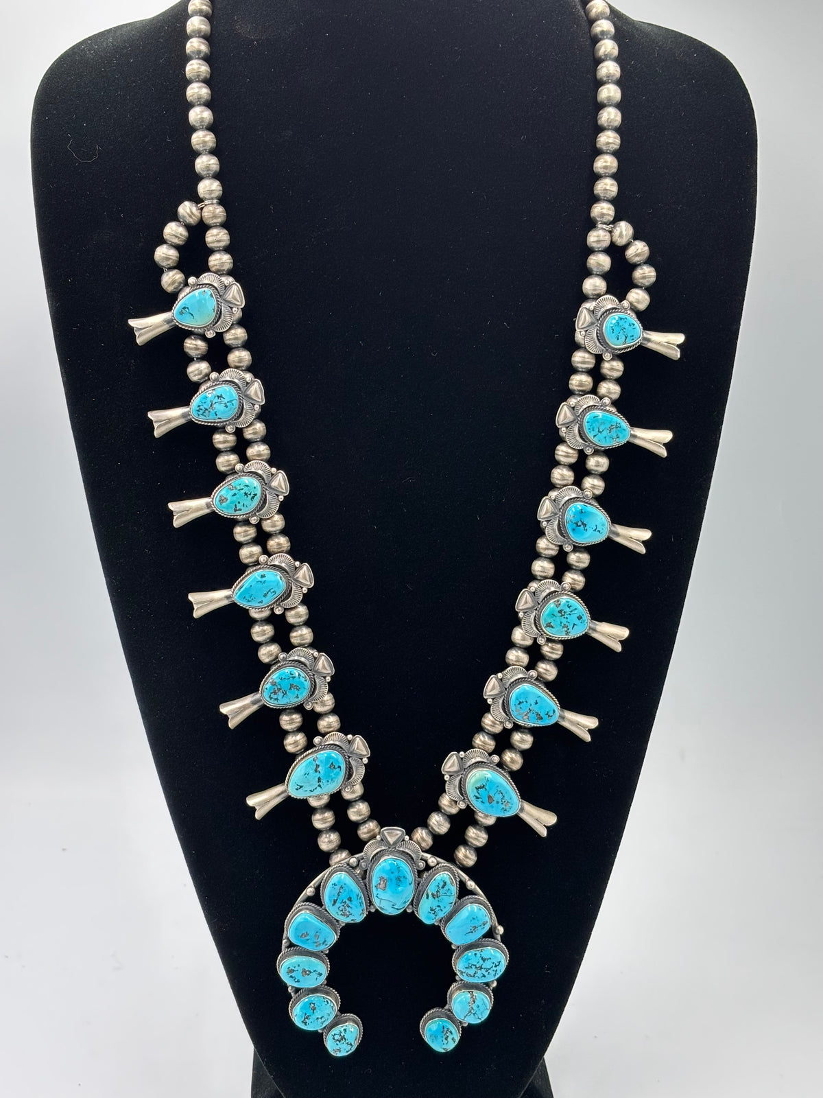 Sleeping Beauty #922-23 Turquoise Squash Blossom Necklace, Cuff, & Earrings Set by Derrick, Navajo