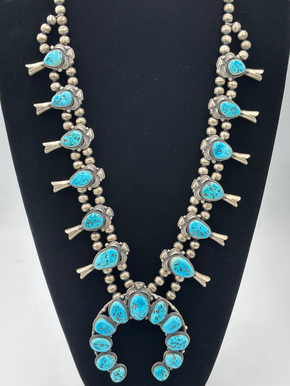Sleeping Beauty #922-23 Turquoise Squash Blossom Necklace, Cuff, & Earrings Set by Derrick, Navajo