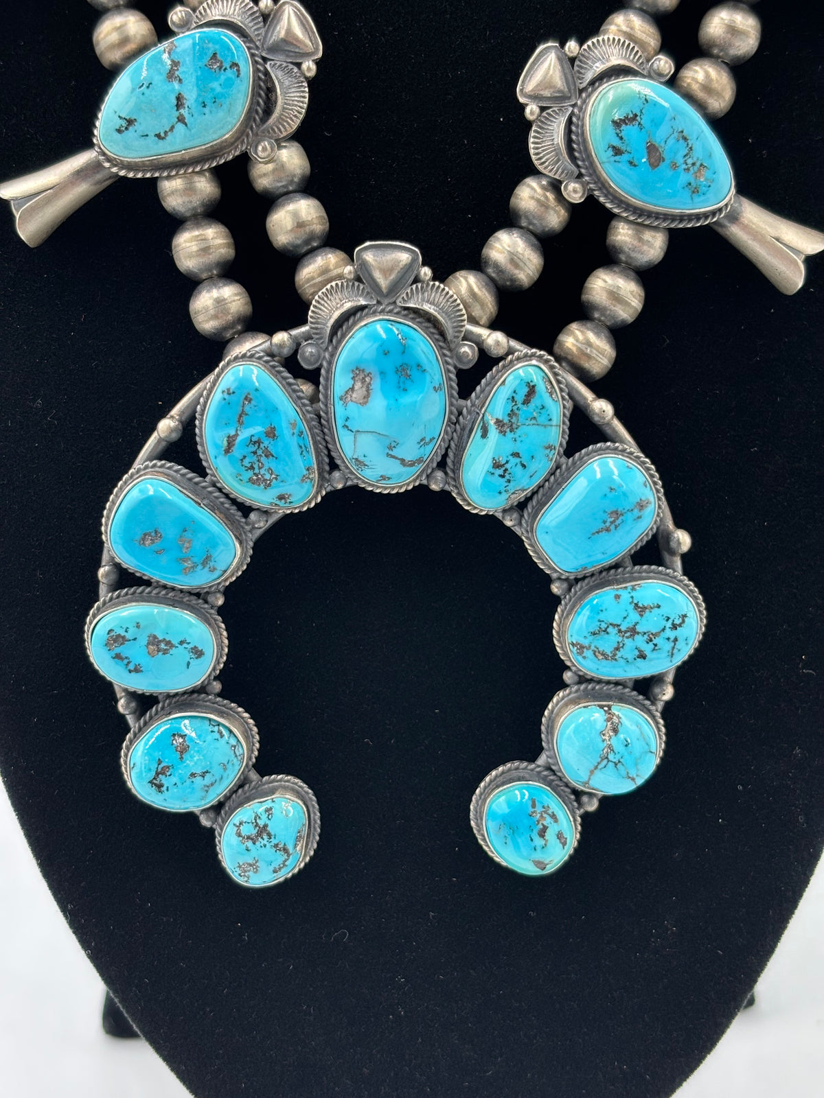 Sleeping Beauty #922-23 Turquoise Squash Blossom Necklace, Cuff, & Earrings Set by Derrick, Navajo